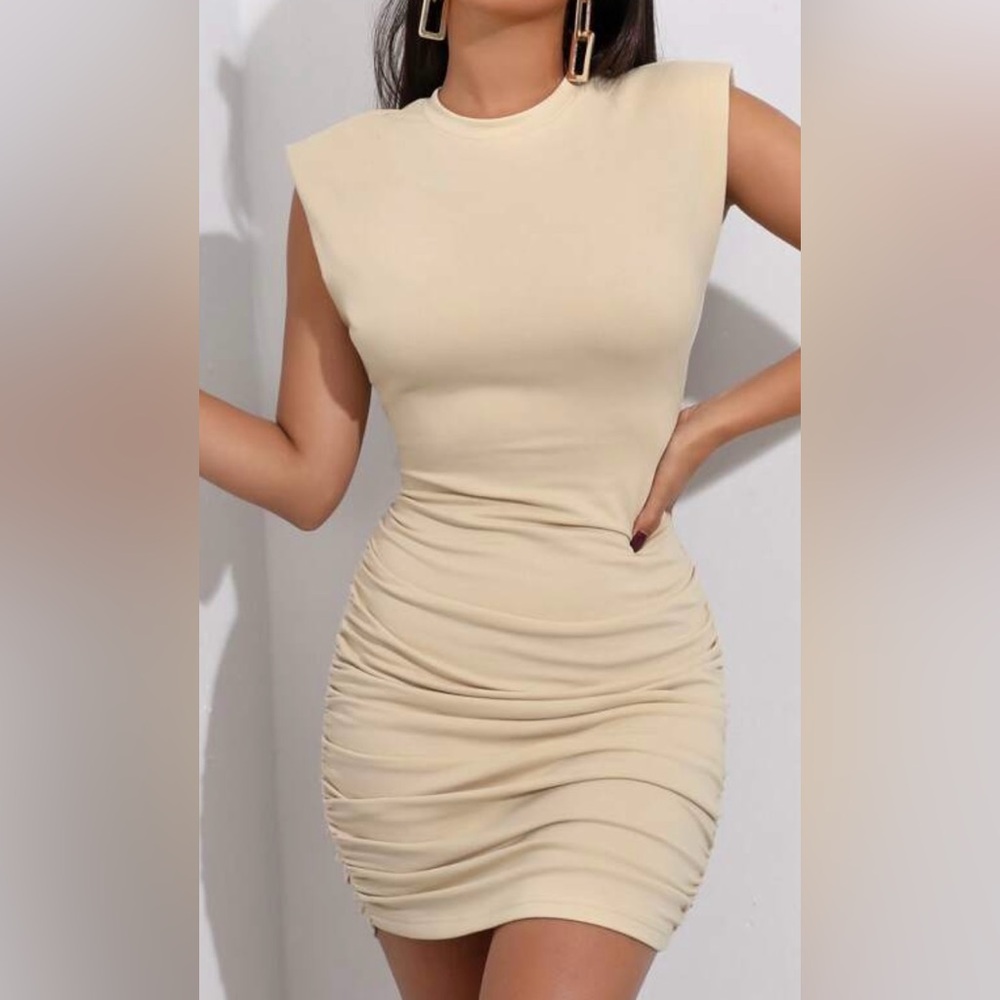 Chic Tan Ruched Dress